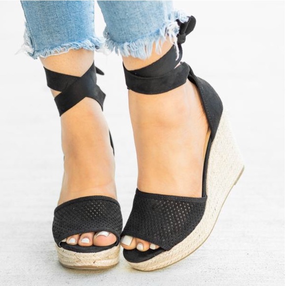 Black Espadrille Ankle Wrap Ribbon Wedge Sandals - Picture 2 of 4